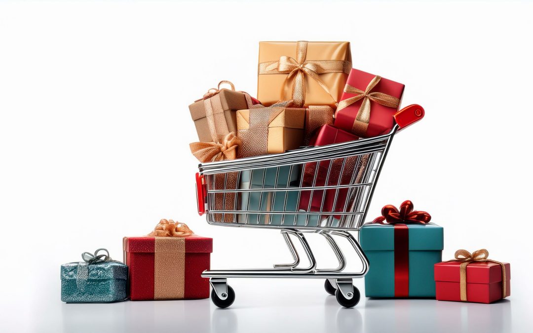 This image shows gift boxes for a wedding registry in a cart